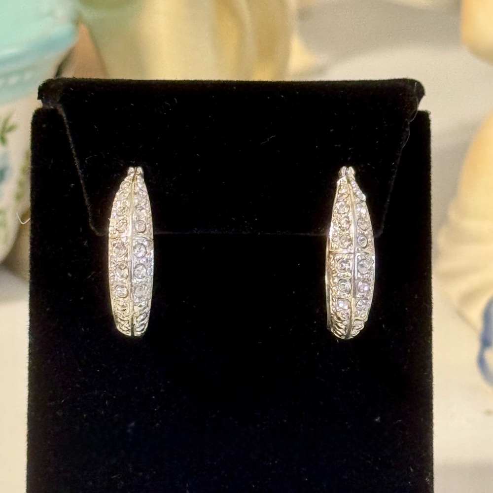 Silver and Rhinestone Pave Hoop Earrings - Picture 3 of 8